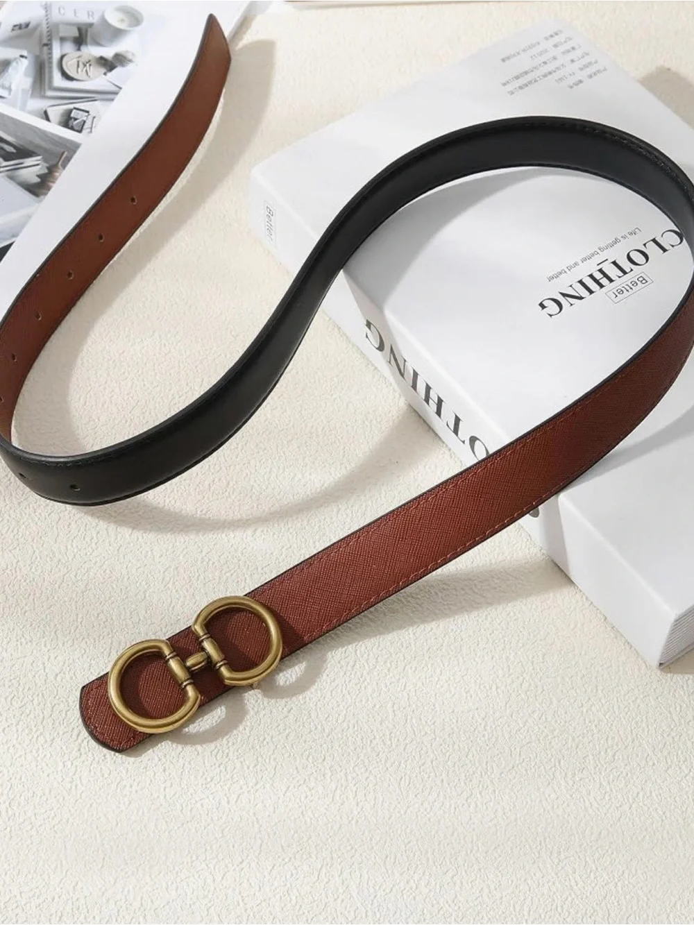 Reversible Black Cognac Belt Gold Double Ring Buckle 27 to 33